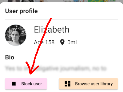 mini bio sheet with profile blurred and &#39;Block&#39; button indicated with arrow