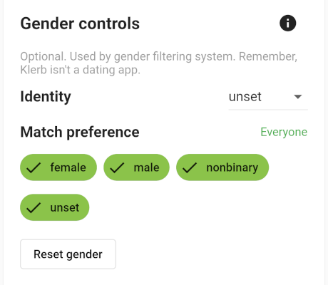 screenshot of gender preferences card