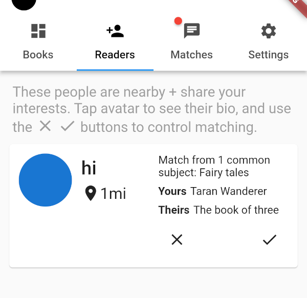 Screenshot of Readers screen with a single match